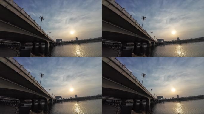 超广角拍摄夕阳下的大桥风光风景