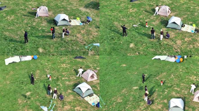 一家人在草坪上玩 放风筝 露营