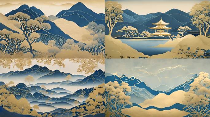 八段锦 太极背景 国潮金蓝线描河山