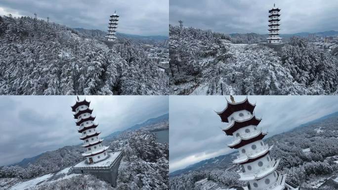 fpv穿越机航拍锦屏县冬天雾凇雪景白塔楼