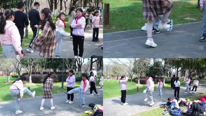 4K小学生春游在公园里跳绳