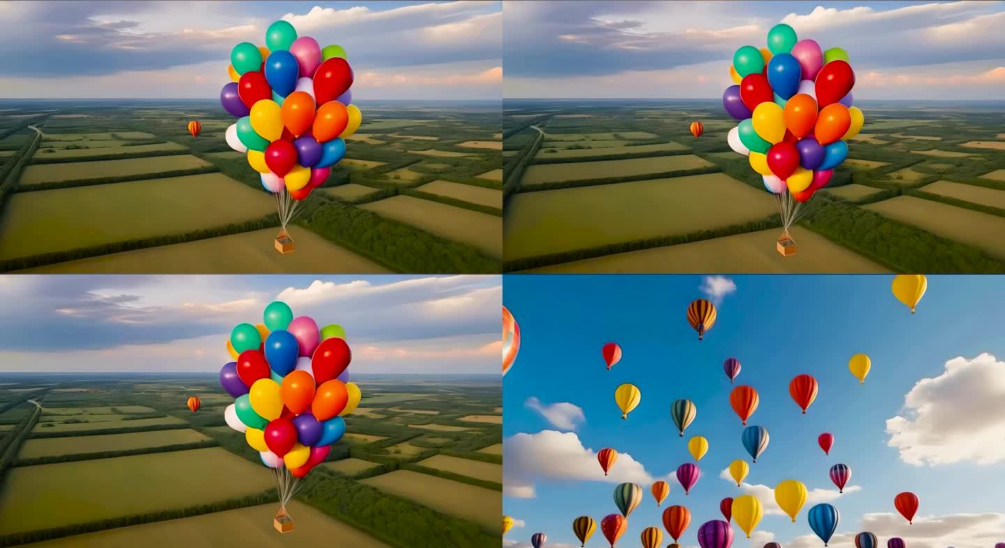 一串气球飘向空中五颜六色气球
