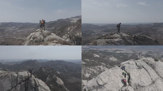 航拍山东文登昆嵛山龙门崮老龙脊春季登山者