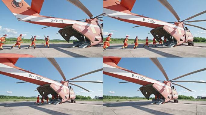 森林防灭火演习演练消防员登上直升机慢动作