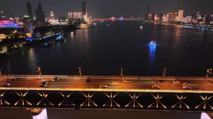 武汉长江大桥车流航拍夜晚夜景交通汉阳江滩