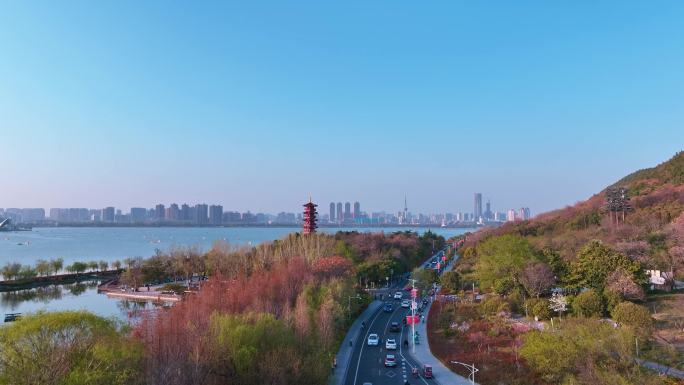 航拍春天唯美徐州云龙湖风景区苏公塔园林