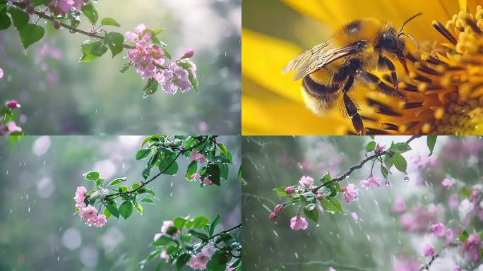 蜜蜂采蜜雨季雨水瀑布夏天大自然风景风光