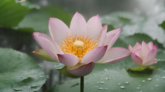 4k雨中荷韵：清新夏日的雨中荷花