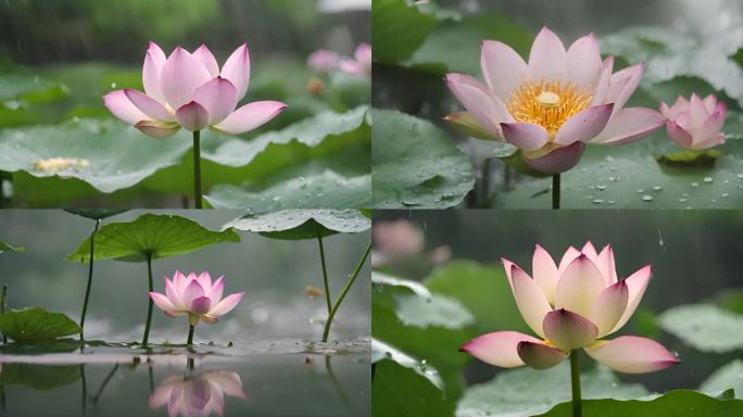 4k雨中荷韵：清新夏日的雨中荷花