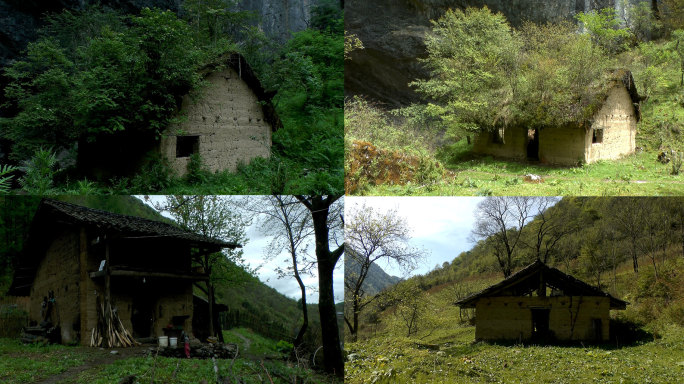 实拍各种茅草屋,山间茅屋古村，土墙房子