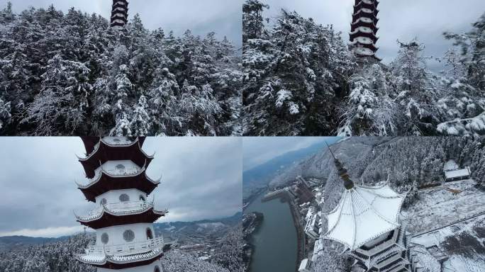 fpv穿越机航拍锦屏县冬天雾凇雪景白塔楼