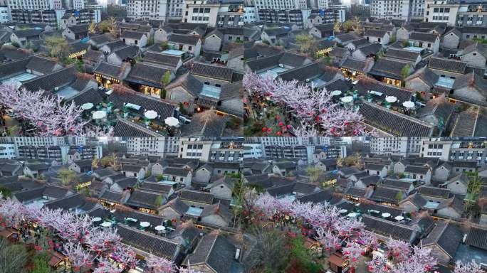 春天古建筑樱花与灯笼夜景航拍徐州市回龙窝