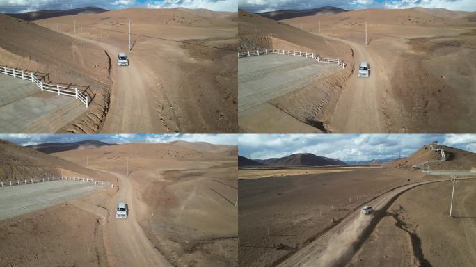 西藏高速行驶的越野车航拍