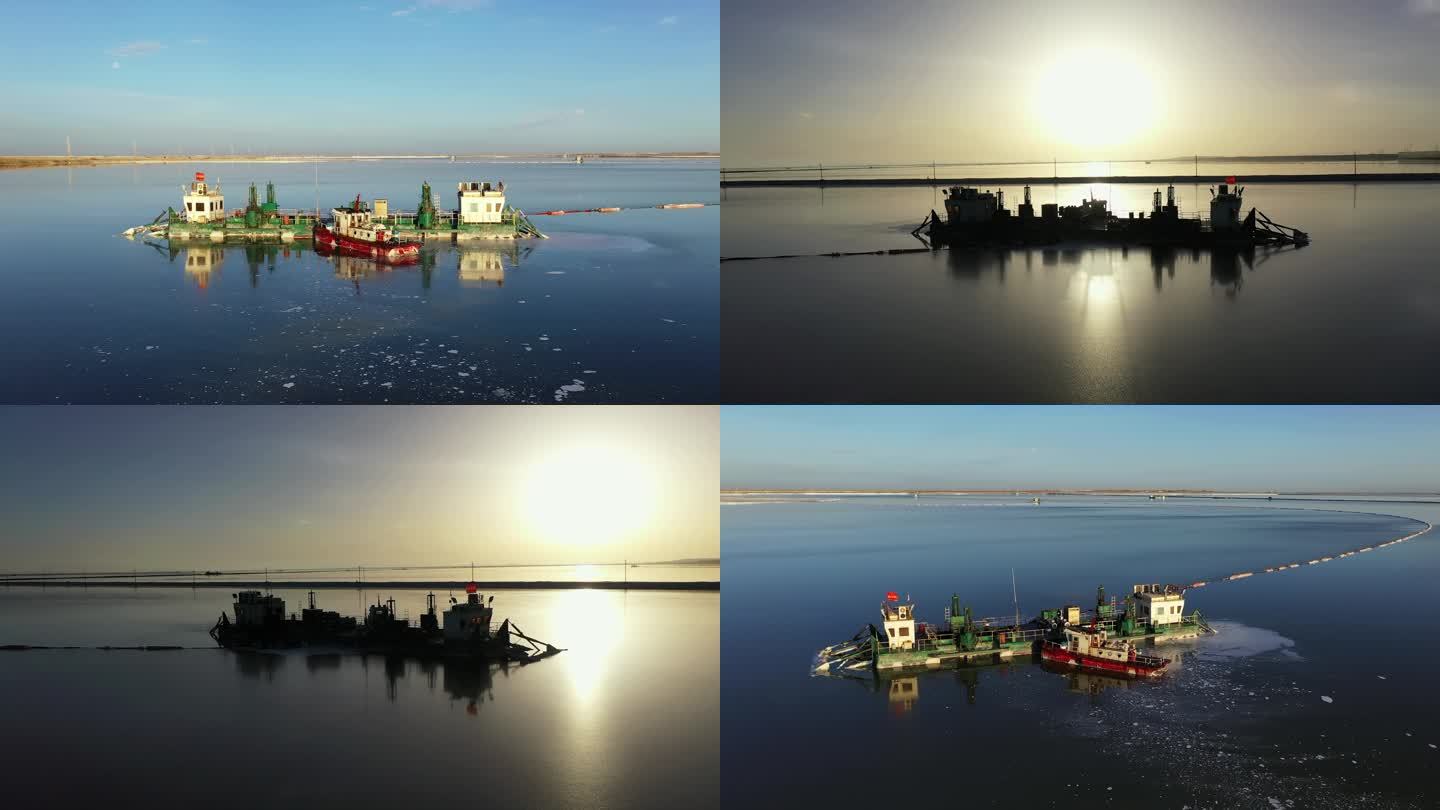 察尔汗盐湖一艘停泊的采盐船航拍