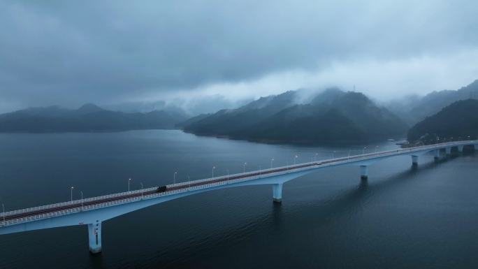4K航拍大气杭州千岛湖大桥