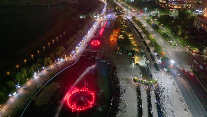 江西南昌红谷滩区秋水广场音乐喷泉夜晚夜景