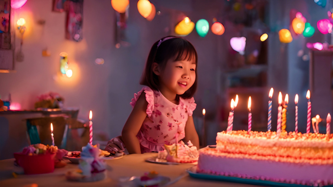 生日蛋糕女孩过生日吹蜡烛生日祝福生日蜡烛
