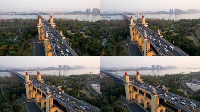 南京长江大桥城落日夕阳市风光航运交通航拍