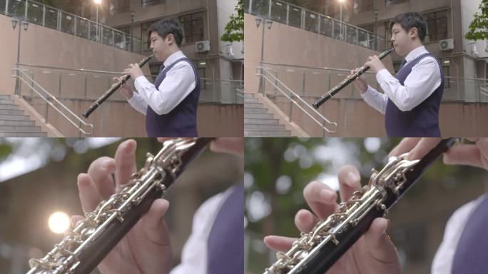 文艺学生户外吹黑管演奏练习传统乐器特写
