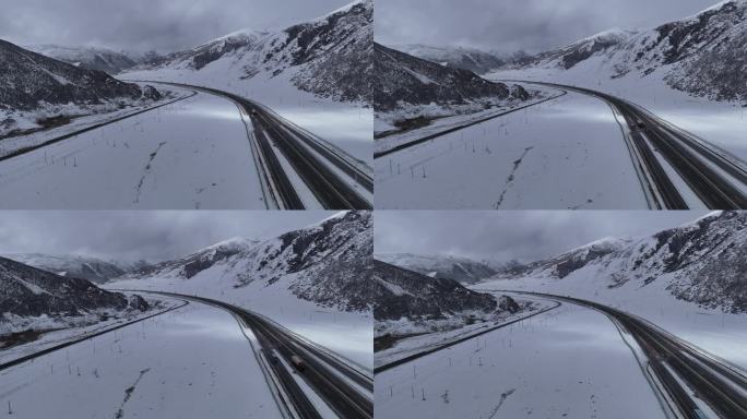 西藏旅行雪景公路航拍