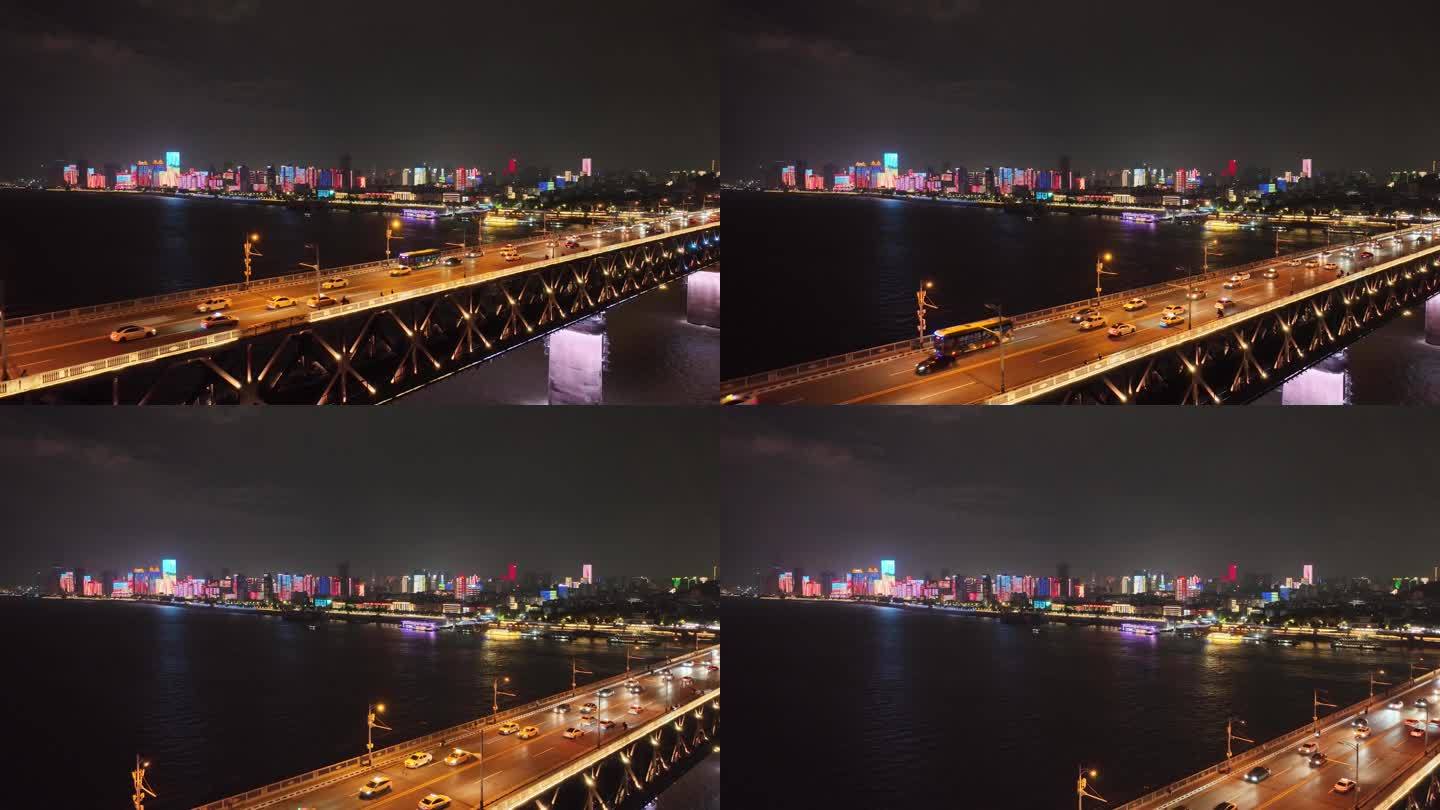 无人机近距离航拍湖北省武汉市长江大桥夜景