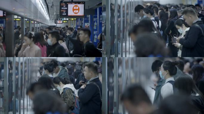 地铁站台人流延时乘坐地铁上班早高峰