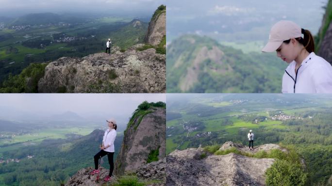 美女登山登高望远一个人旅行登高望远