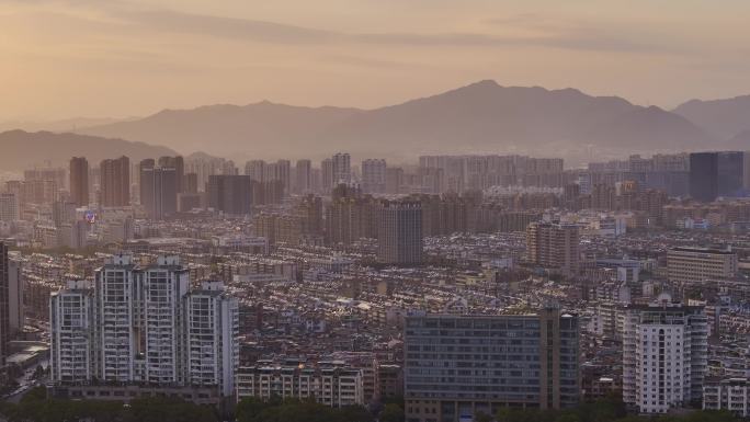 浙江杭州富阳区城市日落晚霞火烧云富春江