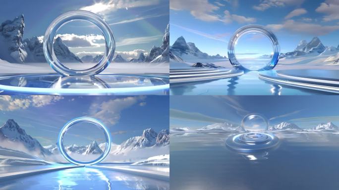 8款简约3D空间展示展台冰雪圆环干净