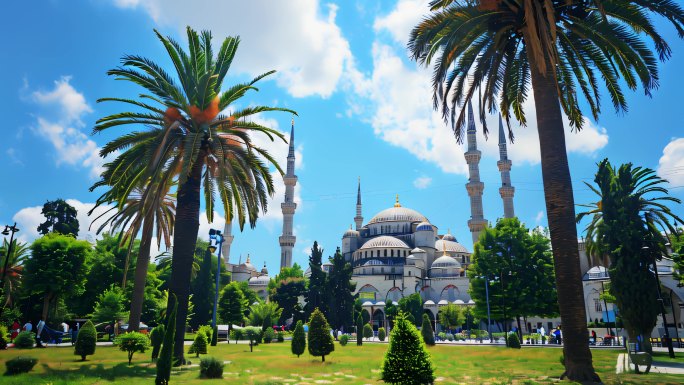 土耳其地标航拍热气球蓝色清真寺