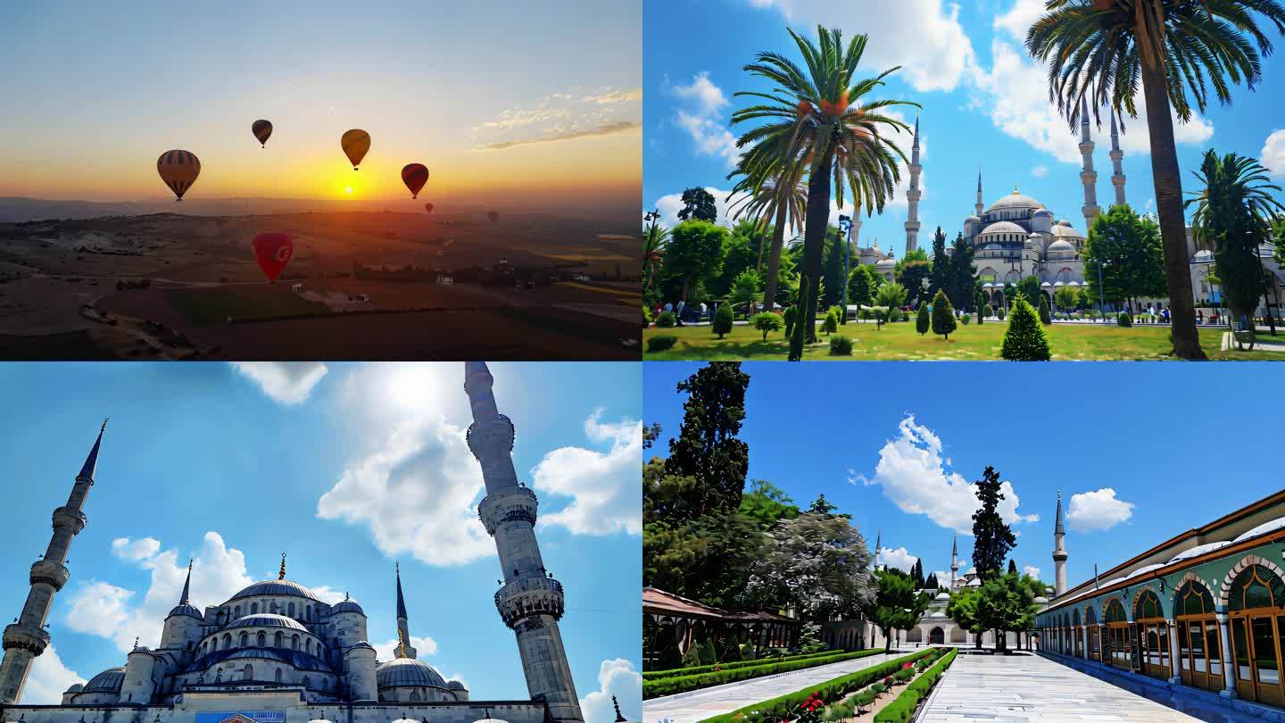 土耳其地标航拍热气球蓝色清真寺