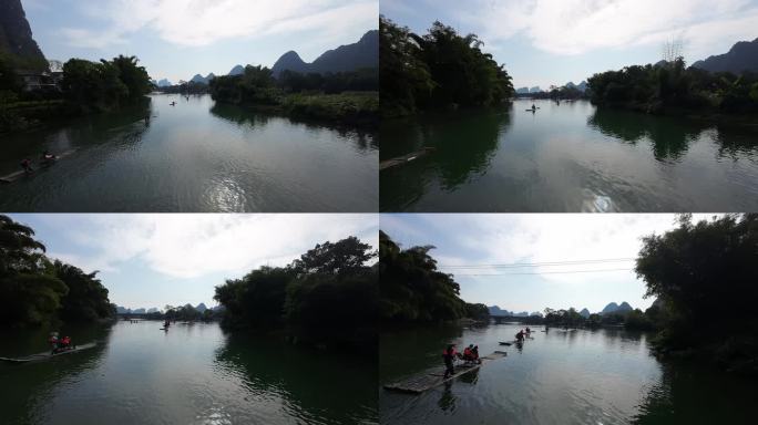 桂林山水阳朔水面穿越机竹筏拍摄环绕贴水