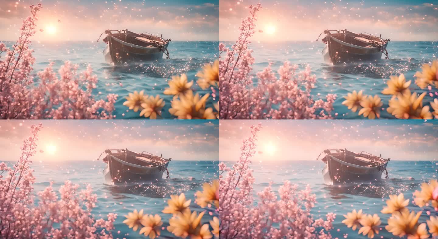 河水边的鲜花夕阳晚霞船只