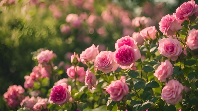 在粉色玫瑰香花园中穿行