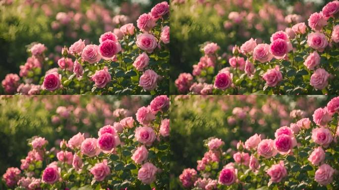 在粉色玫瑰香花园中穿行