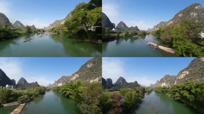 桂林山水阳朔水面穿越机竹筏拍摄环绕贴水