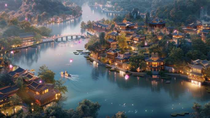 中国风古代江南园林鱼米之乡超宽屏舞台背景