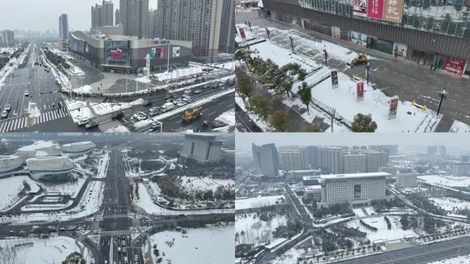 湖北孝感新城区雪景4k航拍