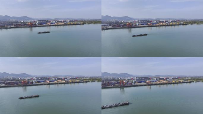 浙江杭州富阳区东洲码头集装箱装卸4K航拍