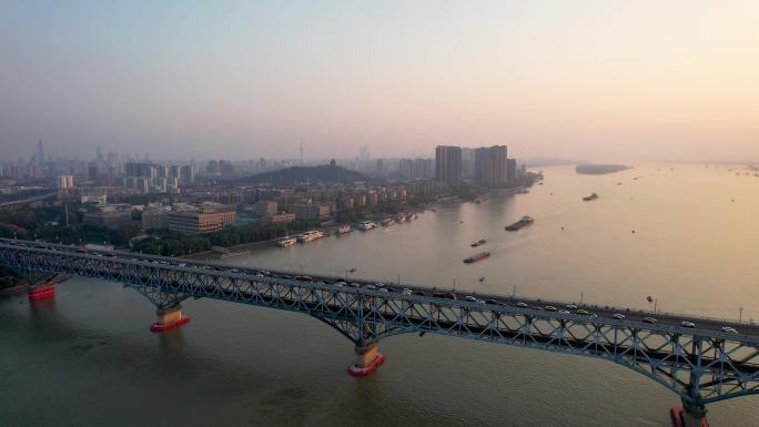 南京长江大桥城落日夕阳市风光航运交通航拍