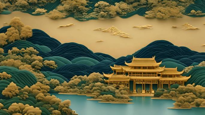 金色山水画中式建筑背景汉唐