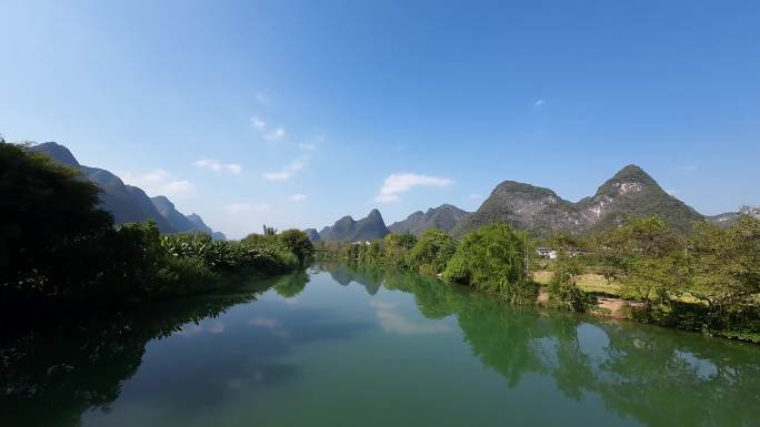 桂林山水阳朔水面穿越机拍摄环绕贴水