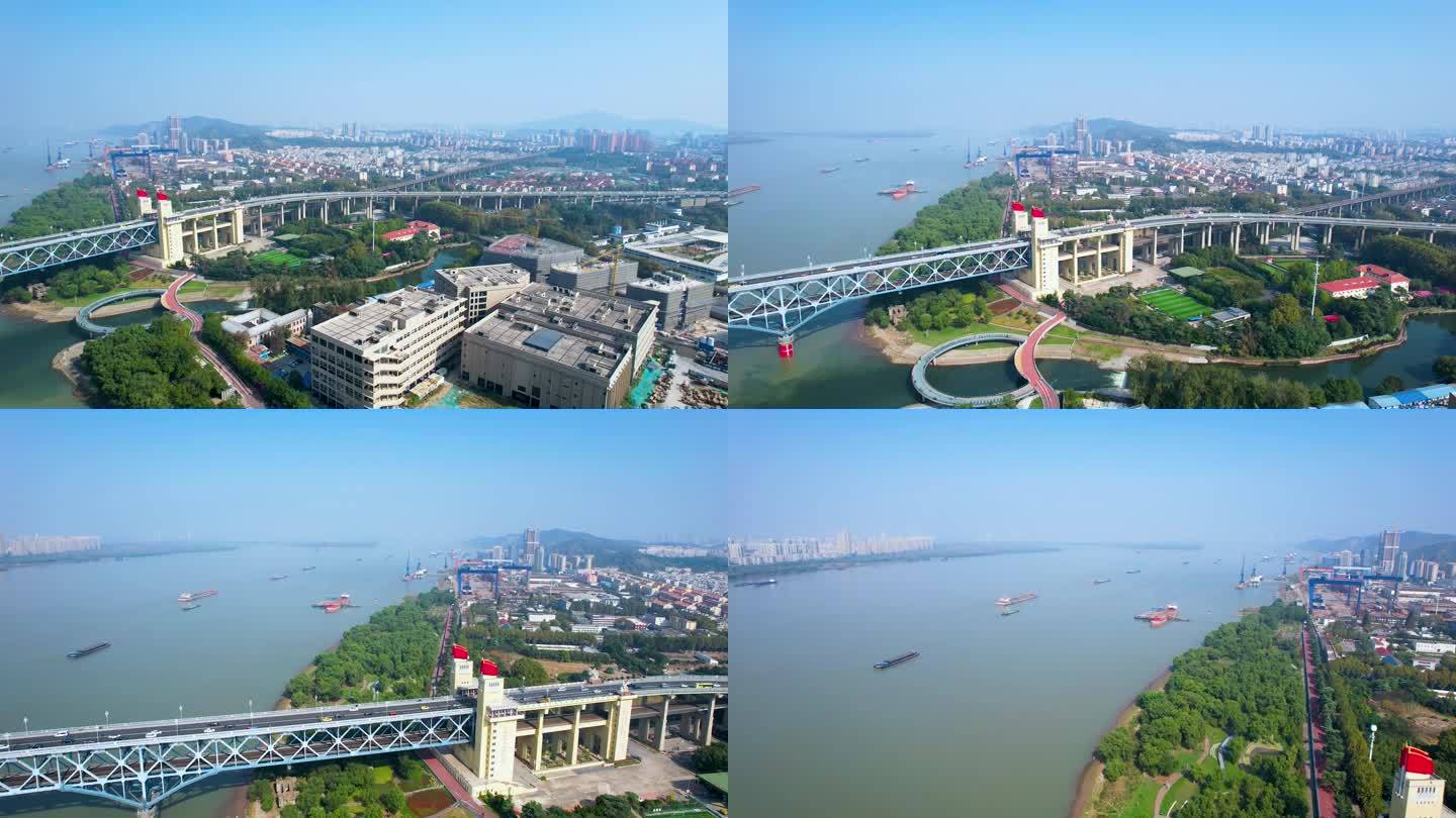 南京长江大桥铁路公路桥城市风光航运航拍