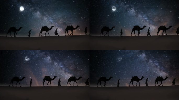 牵着骆驼的阿拉伯人在夜晚行走