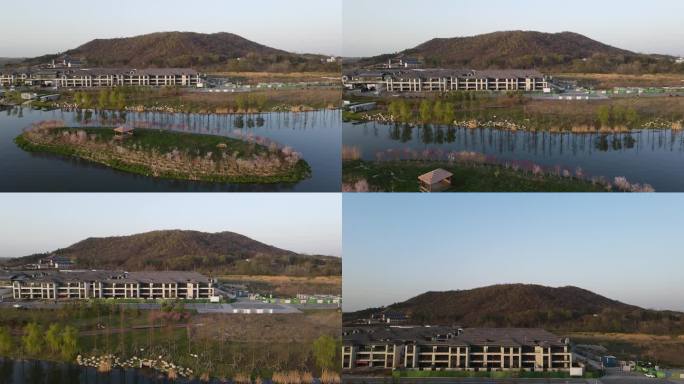 4K高清航拍夕阳下湖心岛山景