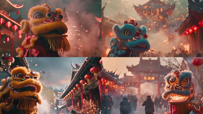 新年喜庆舞狮表演过年春节烟花节日龙年素材
