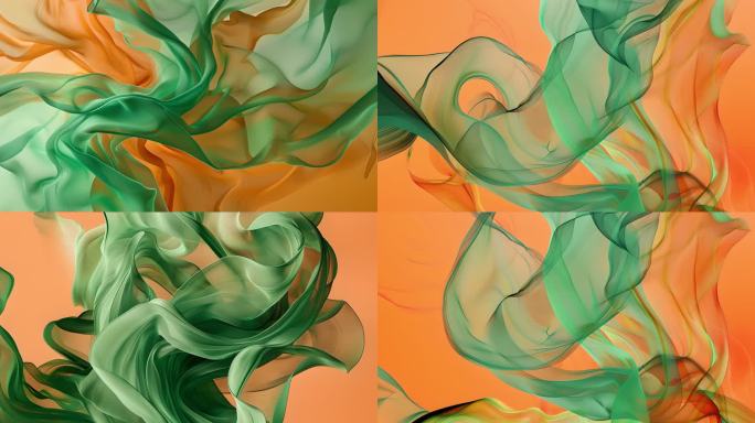 4款丝绸质感 丝滑流动飘动绿丝绸橙背景