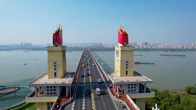 南京长江大桥铁路公路桥城市风光航运航拍