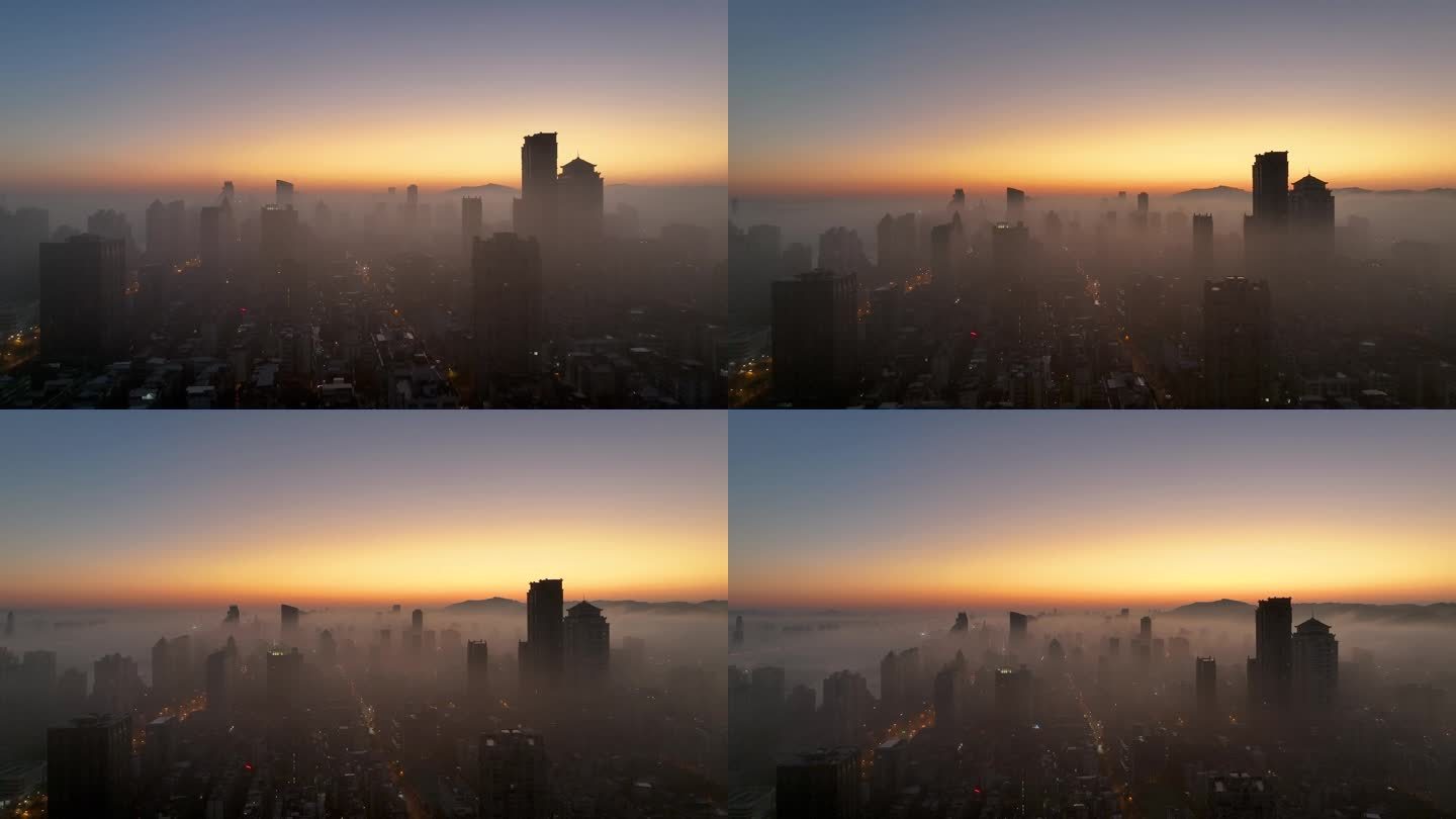 城市市中心日出平流雾航拍