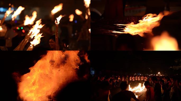 云南彝族火把节狂欢火焰火把篝火晚会